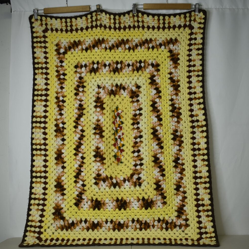 Handmade Afghan Lap Blanket Yellow Brown Square Granny Crochet 46"X33"
